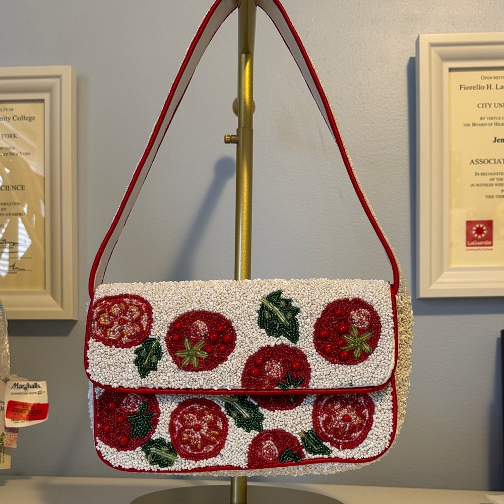 Hand Crafted Red and White Beaded Shoulder Bag